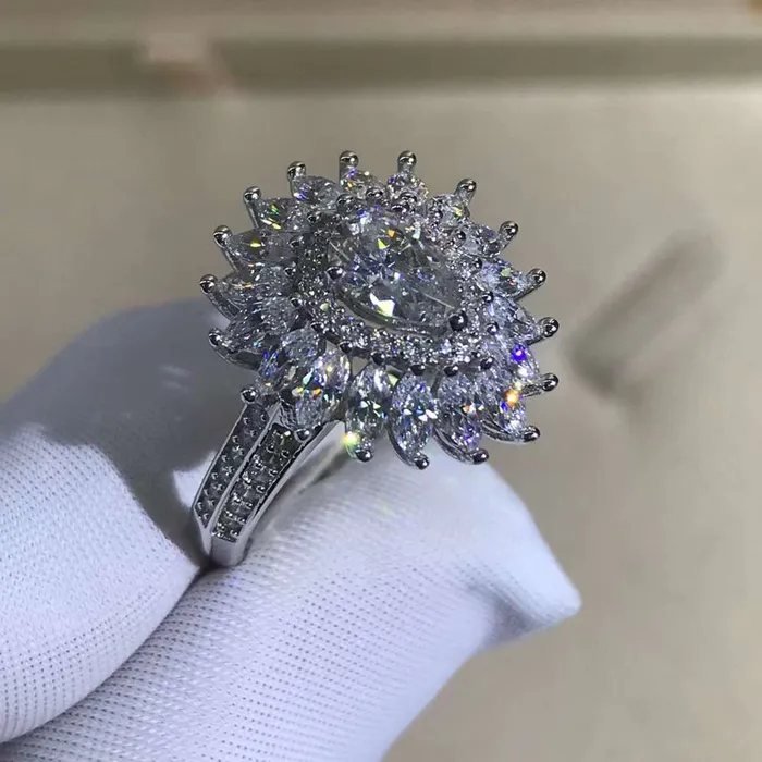1 Carat Pear Cut Moissanite Ring Beadset Band Double Halo Starburst Beadset Leyloon Jewelry Rings