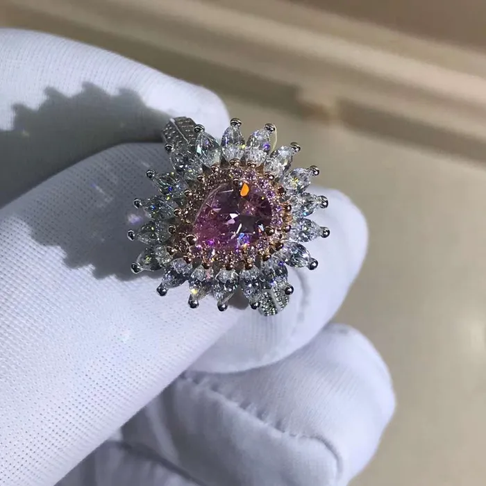 1 Carat Pear Cut Moissanite Ring Beadset Band Double Halo Starburst Beadset Leyloon Jewelry Rings