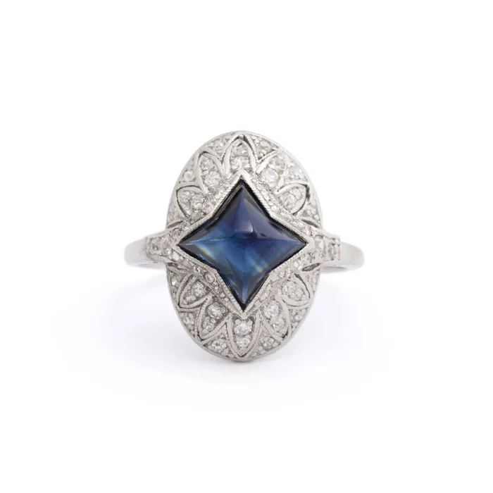 Antique Rings Edwardian Sugarloaf Sapphire and Diamond Platinum Ring