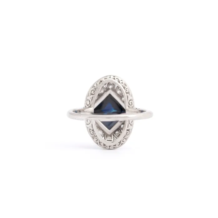 Antique Rings Edwardian Sugarloaf Sapphire and Diamond Platinum Ring