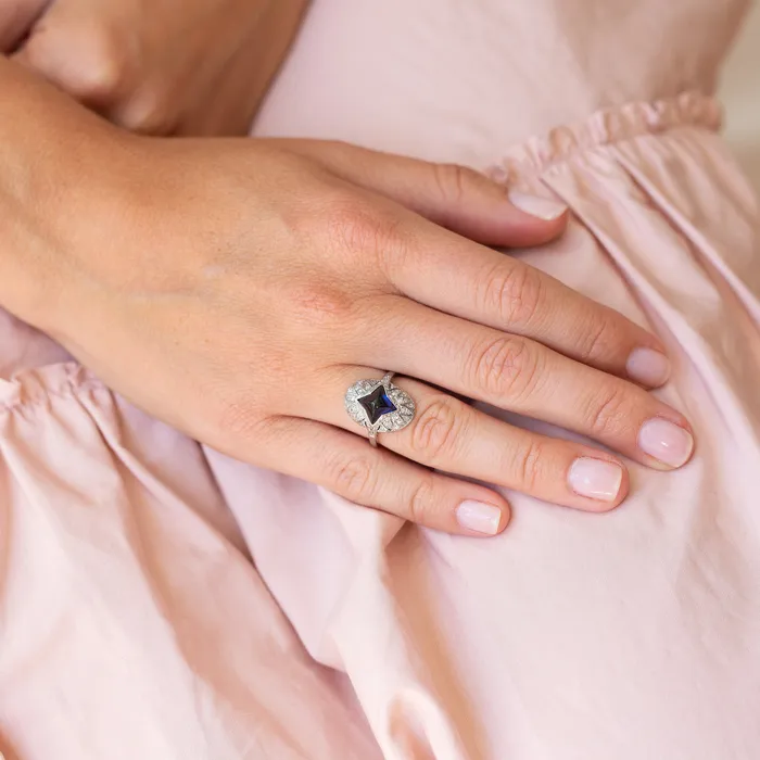 Antique Rings Edwardian Sugarloaf Sapphire and Diamond Platinum Ring