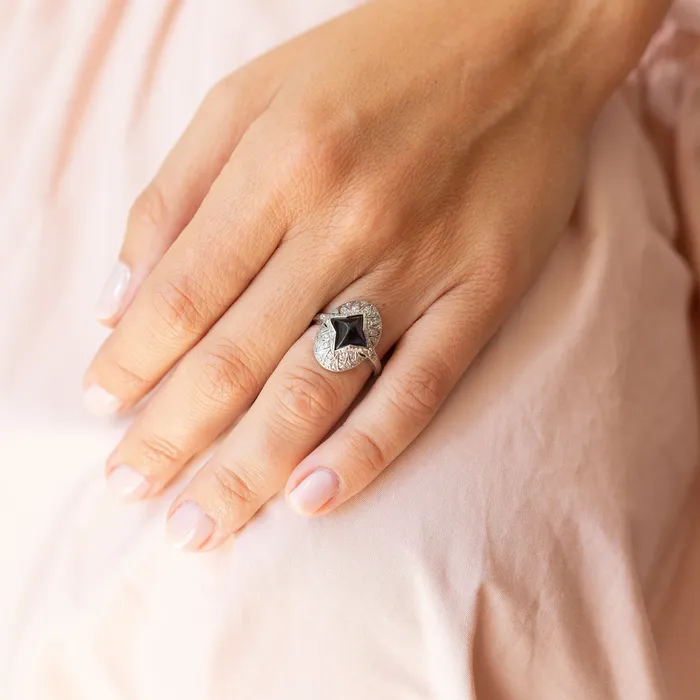 Antique Rings Edwardian Sugarloaf Sapphire and Diamond Platinum Ring
