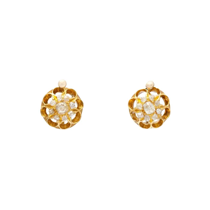 Antique Victorian Old Mine Cut Diamond and 14k Gold Cluster Earrings Earrings