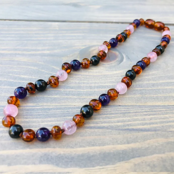 Baltic Amber Necklace Dark Amber Pink Rose Quartz Amethyst Shungite Baltic Essentials Necklaces