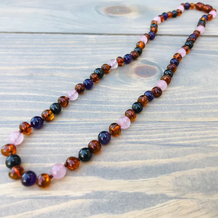 Baltic Amber Necklace Dark Amber Pink Rose Quartz Amethyst Shungite Baltic Essentials Necklaces