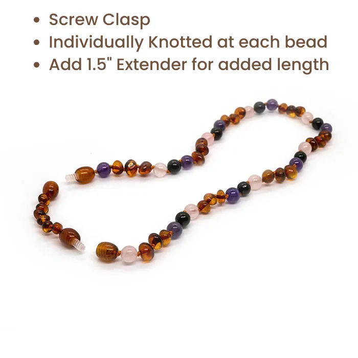 Baltic Amber Necklace Dark Amber Pink Rose Quartz Amethyst Shungite Baltic Essentials Necklaces