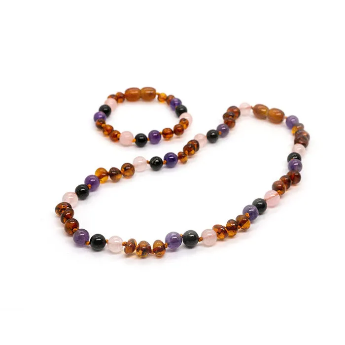 Baltic Amber Necklace Dark Amber Pink Rose Quartz Amethyst Shungite Baltic Essentials Necklaces