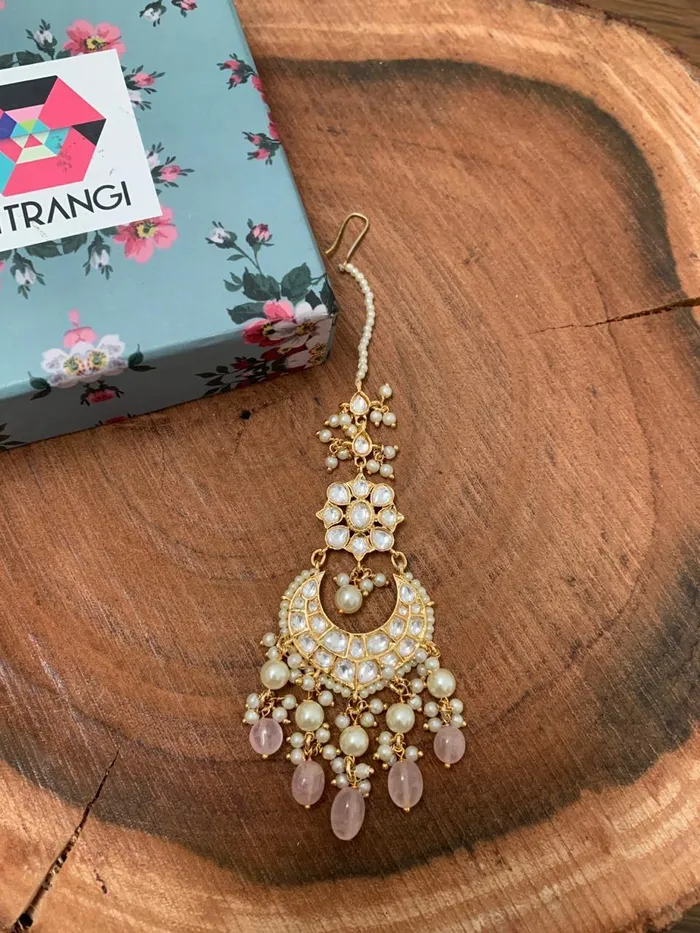 Bharosemand Polki Maangtika in Pink Beads attrangi1 Earrings