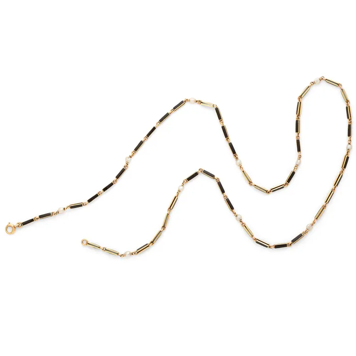 Black Enamel and Pearl 14k Gold 21 Chain Antique Necklaces