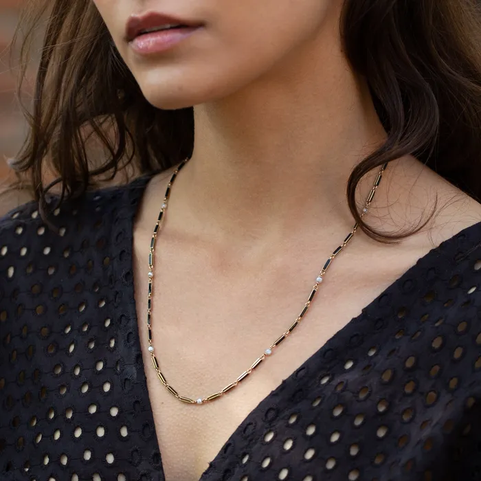 Black Enamel and Pearl 14k Gold 21 Chain Antique Necklaces