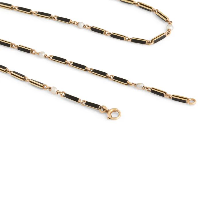 Black Enamel and Pearl 14k Gold 21 Chain Antique Necklaces