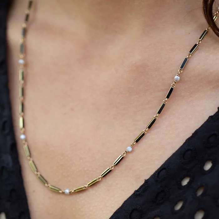 Black Enamel and Pearl 14k Gold 21 Chain Antique Necklaces