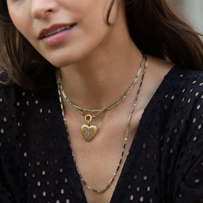 Black Enamel and Pearl 14k Gold 21 Chain Antique Necklaces