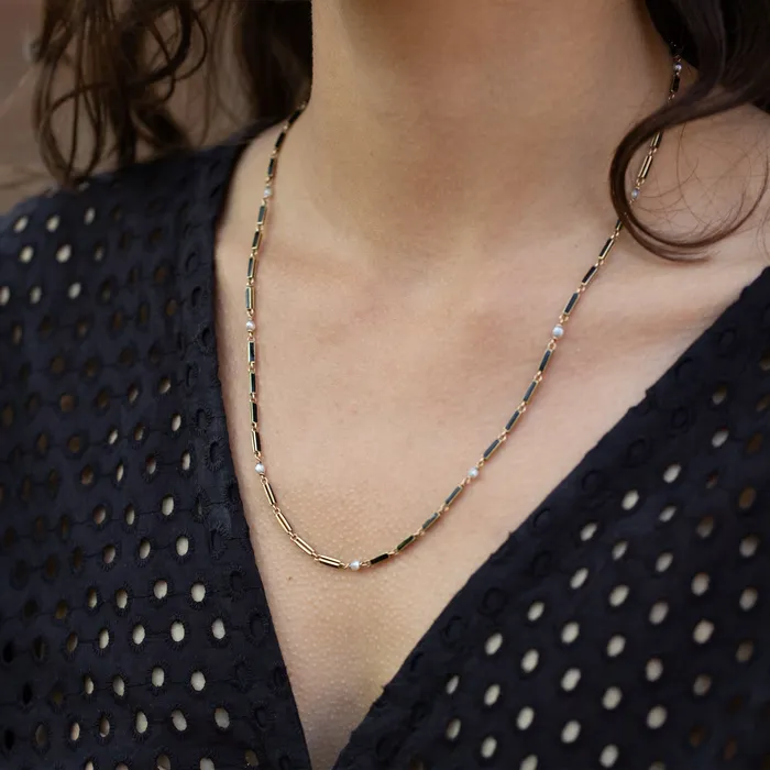 Black Enamel and Pearl 14k Gold 21 Chain Antique Necklaces