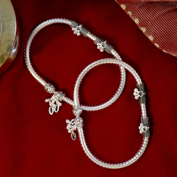 Charm Necklaces Teejh Teejh Double Cylindrical Silver Oxidized Charm Anklets