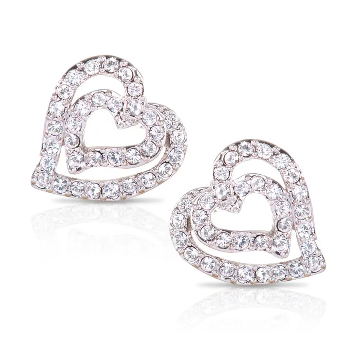 E7102 Assymetrical Dual Heart Rhodium Plated Swarovski Crystal Earrings Red Earrings
