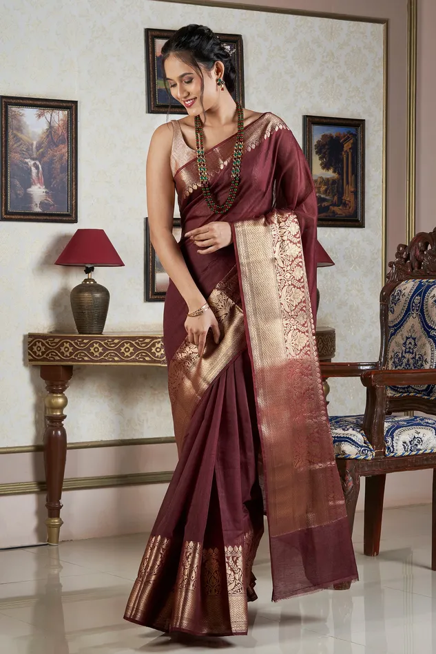 Earrings Teejh Teejh Darbhanga Maroon Banarasi Silk Linen Saree