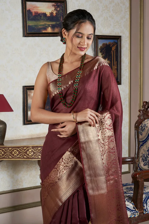 Earrings Teejh Teejh Darbhanga Maroon Banarasi Silk Linen Saree