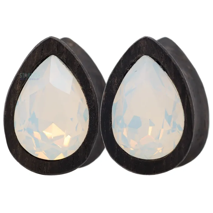 Esoteric Organics Rings Teardrop Swarovski Plugs in Wood White Opal