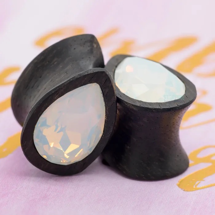 Esoteric Organics Rings Teardrop Swarovski Plugs in Wood White Opal