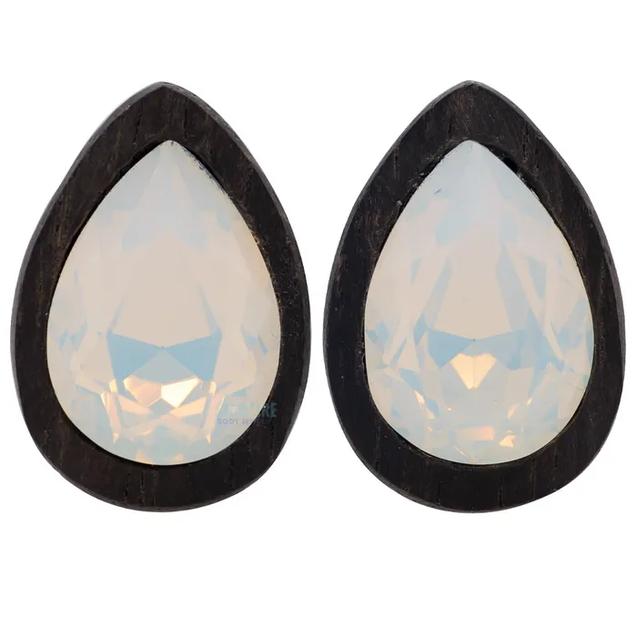Esoteric Organics Rings Teardrop Swarovski Plugs in Wood White Opal