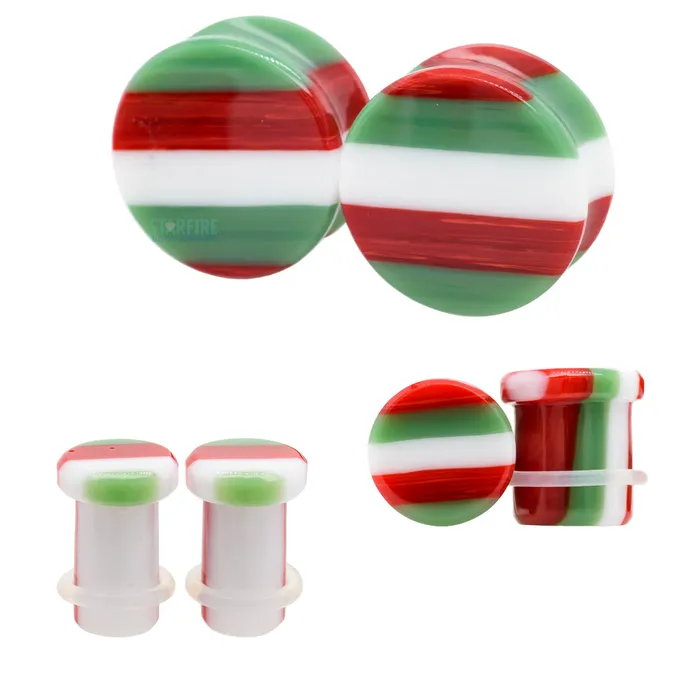 Glass Linear Plugs CHRISTMAS Green Red White Gorilla Glass Rings