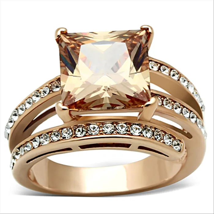 Green Rings CJ1665 IP Rose Gold Stainless Steel Champagne CZ Cocktail Ring