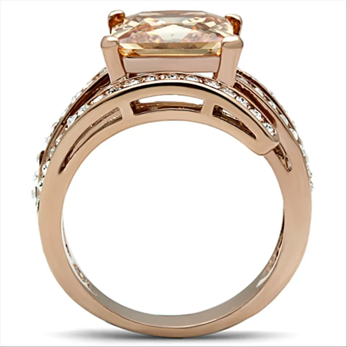 Green Rings CJ1665 IP Rose Gold Stainless Steel Champagne CZ Cocktail Ring