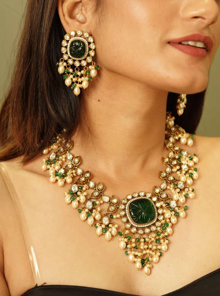 Gulbahaar Antique Gold Polish Polki Set with Pearls Attrangi Earrings