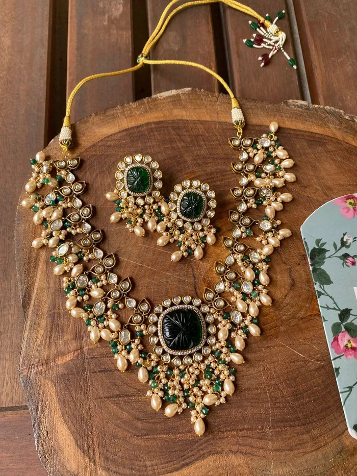 Gulbahaar Antique Gold Polish Polki Set with Pearls Attrangi Earrings Gulbahaar Antique Gold Polish Polki Set with Pearls Attrangi Earrings