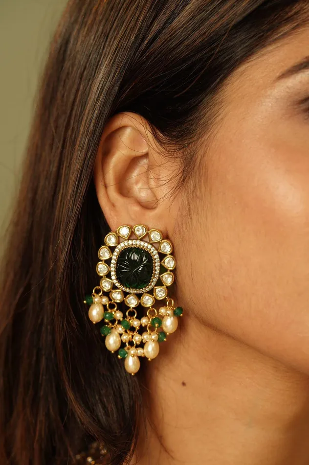 Gulbahaar Antique Gold Polish Polki Set with Pearls Attrangi Earrings Gulbahaar Antique Gold Polish Polki Set with Pearls Attrangi Earrings