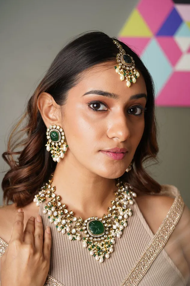 Gulbahaar Antique Gold Polish Polki Set with Pearls Attrangi Earrings Gulbahaar Antique Gold Polish Polki Set with Pearls Attrangi Earrings