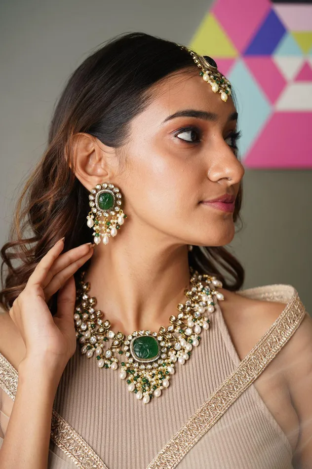 Gulbahaar Antique Gold Polish Polki Set with Pearls Attrangi Earrings Gulbahaar Antique Gold Polish Polki Set with Pearls Attrangi Earrings