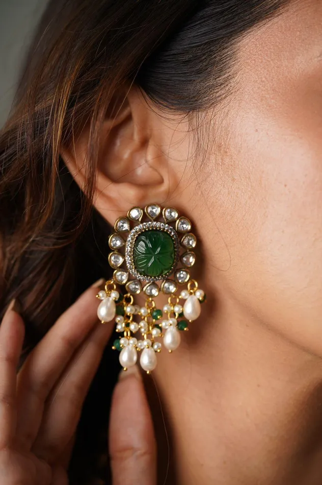 Gulbahaar Antique Gold Polish Polki Set with Pearls Attrangi Earrings Gulbahaar Antique Gold Polish Polki Set with Pearls Attrangi Earrings