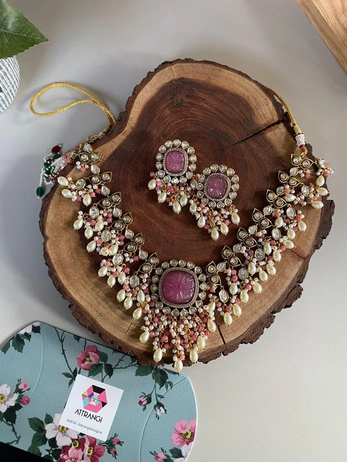 Gulbahaar Antique Gold Polish Polki Set with Pearls Attrangi Earrings Gulbahaar Antique Gold Polish Polki Set with Pearls Attrangi Earrings