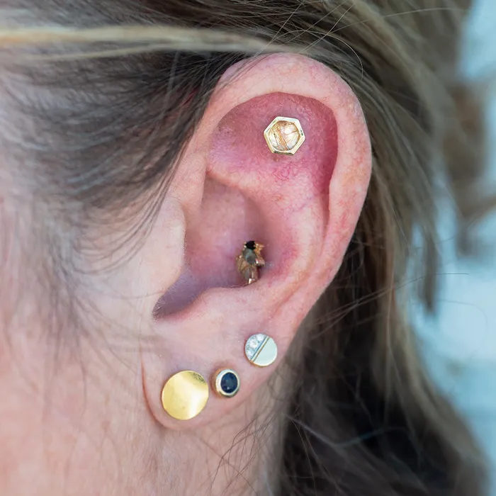 Honeycomb Threaded End in Gold with Rose Cut Rutilated Quartz Body Vision BVLA Earrings
