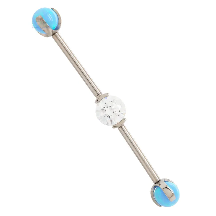 Industrial Strength IS Rings Round Faceted Gem Industrial Barbell with Opal Balls in Prongs Industrial Strength IS Rings Round Faceted Gem Industrial Barbell with Opal Balls in Prongs