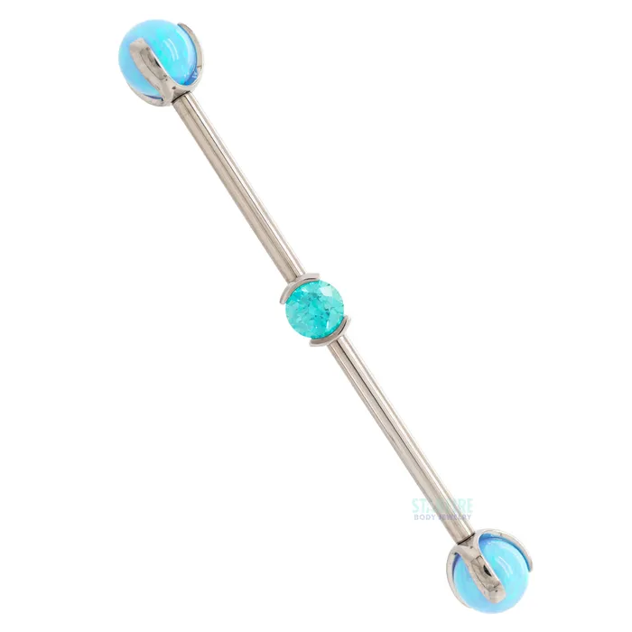 Industrial Strength IS Rings Round Faceted Gem Industrial Barbell with Opal Balls in Prongs