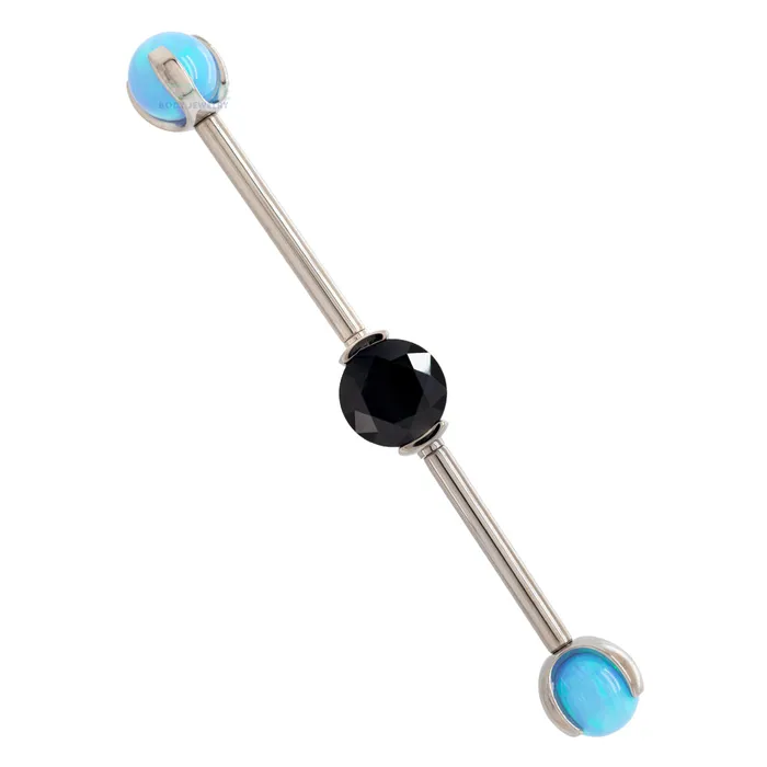 Industrial Strength IS Rings Round Faceted Gem Industrial Barbell with Opal Balls in Prongs