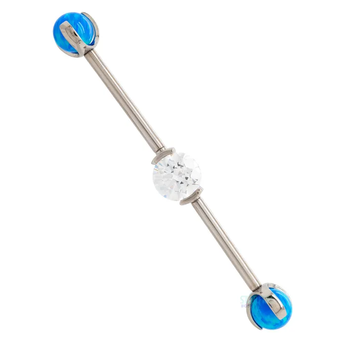 Industrial Strength IS Rings Round Faceted Gem Industrial Barbell with Opal Balls in Prongs