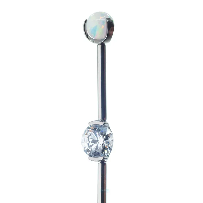 Industrial Strength IS Rings Round Faceted Gem Industrial Barbell with Opal Balls in Prongs