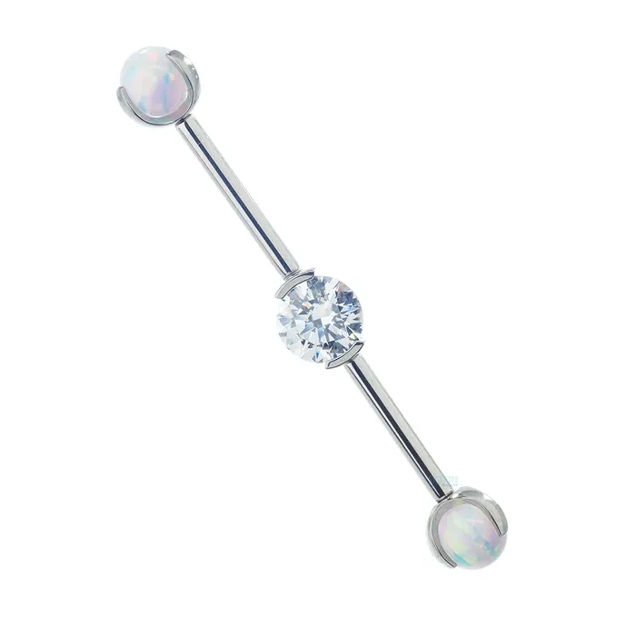 Industrial Strength IS Rings Round Faceted Gem Industrial Barbell with Opal Balls in Prongs