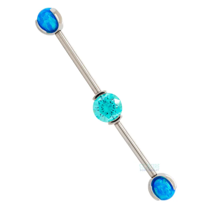 Industrial Strength IS Rings Round Faceted Gem Industrial Barbell with Opal Balls in Prongs