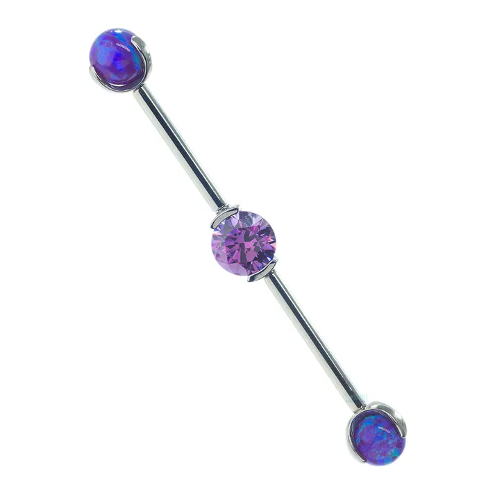 Industrial Strength IS Rings Round Faceted Gem Industrial Barbell with Opal Balls in Prongs