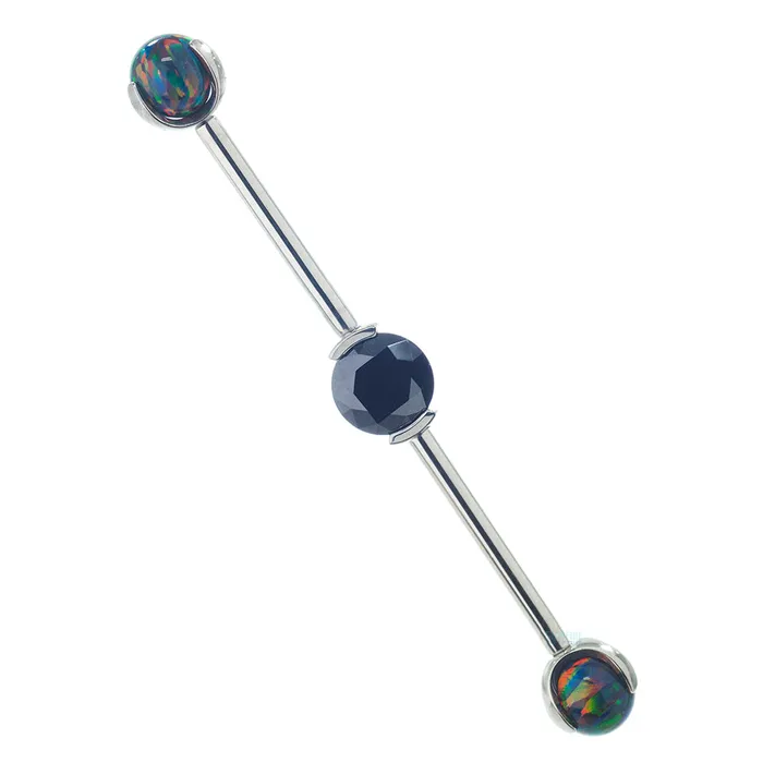 Industrial Strength IS Rings Round Faceted Gem Industrial Barbell with Opal Balls in Prongs