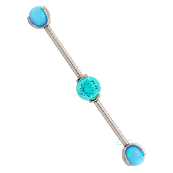 Industrial Strength IS Rings Round Faceted Gem Industrial Barbell with Opal Balls in Prongs