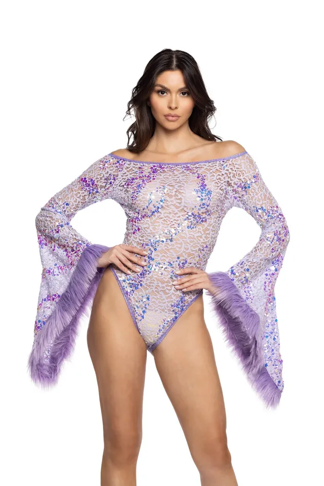 JValentine Inc Earrings JR130 Faux Fur Trimmed Flair Sleeve Bodysuit JValentine Inc Earrings JR130 Faux Fur Trimmed Flair Sleeve Bodysuit