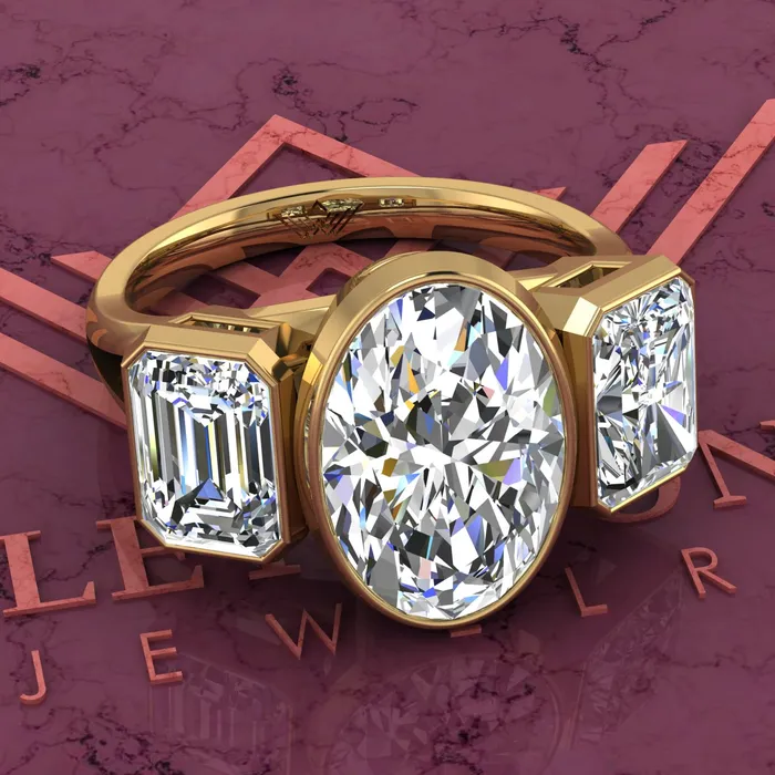 Leyloon Jewelry 66 CTW Medium Oval Cut ThreeStone Random Shape Bezel D Color Moissanite Ring Rings Leyloon Jewelry 66 CTW Medium Oval Cut ThreeStone Random Shape Bezel D Color Moissanite Ring Rings