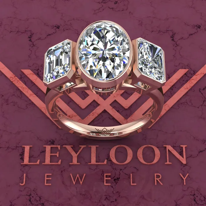 Leyloon Jewelry 66 CTW Medium Oval Cut ThreeStone Random Shape Bezel D Color Moissanite Ring Rings