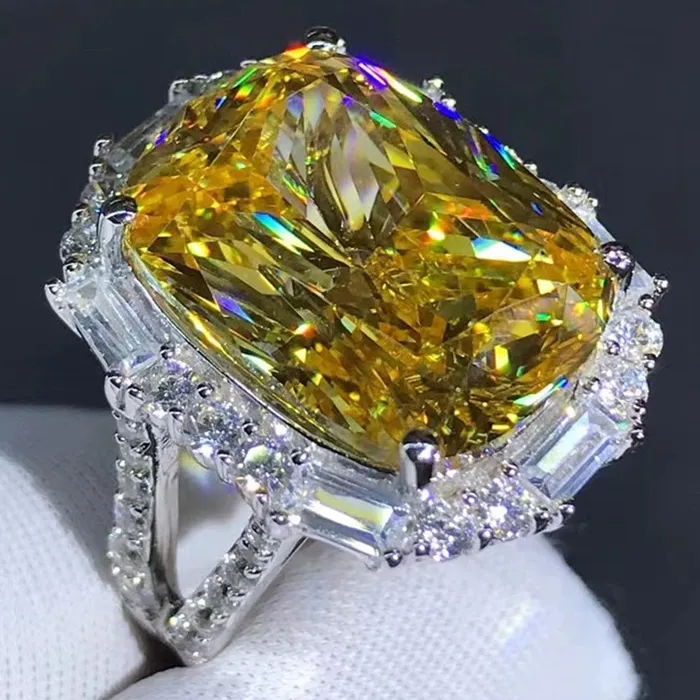 Leyloon Jewelry Rings 10 Carat Cushion Cut Moissanite Ring Deep Yellow VVS Halo Split Shank